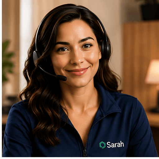 Sarah, AI receptionist at her desk